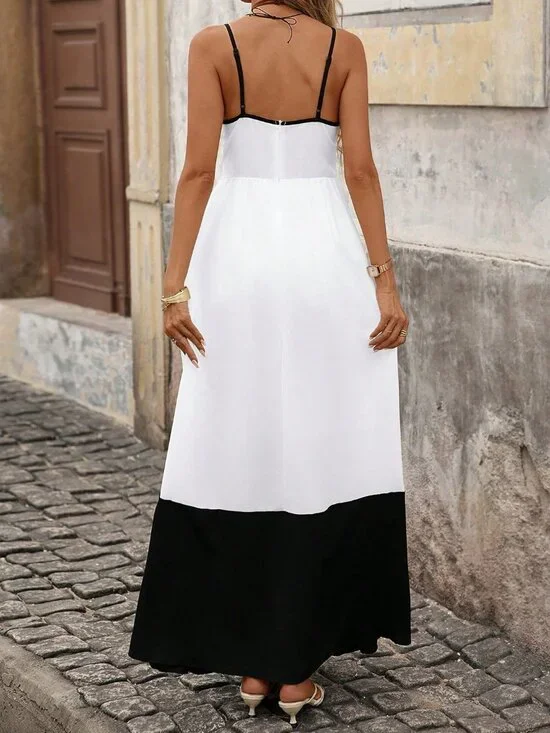 Black And White Casual Women's Vacation Deep V-Neck Contrast Color Maxi Dress - Picture 2 of 7
